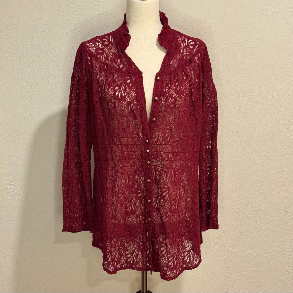 V Cristina Lace Button-Up Blouse - Burgundy Red Size L